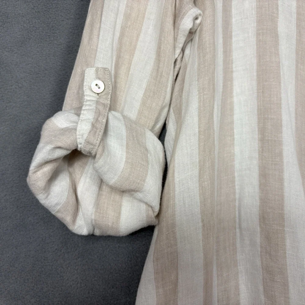 Antibes Blanc 100% Linen Tunic Top Size 3X Beige White Stripe Roll Tab Sleeve